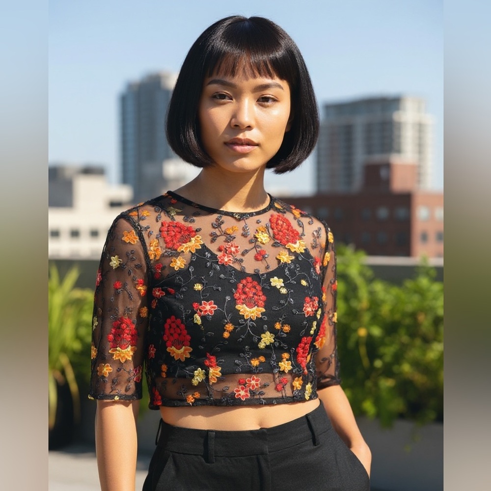 Handmade Boho Sheer Black Floral Embroidered Crop Top Festival Size M